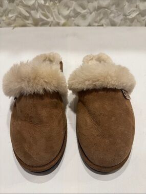 UGG Chestnut Suede Shearling Clog Slippers with Cream Fur Trim